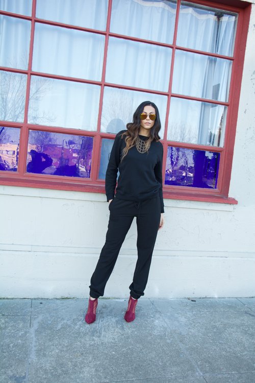 Michelle Mesh Booties - Smash Shoes (Shown in size 12, also comes in black)/Tall Joggers - Long Elegant Legs /Necklace and men's sweatshirt - Forever 21/Shades - Akira Photo Credit: Marc Allen