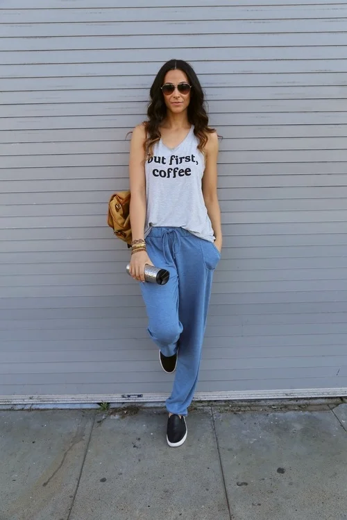 Super Soft Knit Jogger (37" inseam, shown in size XL) - Alloy Apparel / But First Coffee Tee (shown in size XL) - Alloy Apparel / ID Bracelet - Candid Art Accessories /Slip On Sneaks (size 12) - Payless ( similar here )/Shades and neutral bracelets - H&M/Coffee Warmer - Target/Backpack - Collage Clothing Lounge Photo Credit: LaKeela Smith