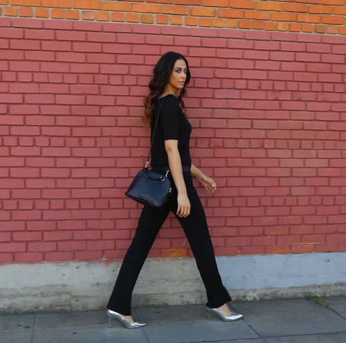 Madison Faux Leather Trim Straight Leg in 37" inseam - Alloy Apparel / Tall Ruched-Side Boatneck Tee - Alloy Apparel / Amber in Metallic Silver (shown in size 12) - Smash Shoes /Crossbody Satchel - The Limited Photo Credit: LaKeela Smith