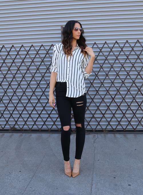 Skinny Jeans - ASOS TALL Ridley Black Skinny Jeans in Rip and Destroyed Busted Knees /Shirt - H&M Thrifted from Savers /Shoes (size 12) - Calvin Klein via Nordstrom Rack /Shades - Forever 21/Bag - Thrifted Photo Credit: LaKeela Smith