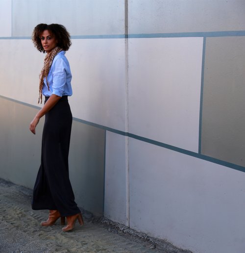 Charcoal Grey Maxi Skirt - Amalli Talli (comes in 46" and 48") /Tall Chambray shirt - Gap/Boots - Nine West (size 12)/Scarf - Thrifted Photo credit: LaKeelah Smith