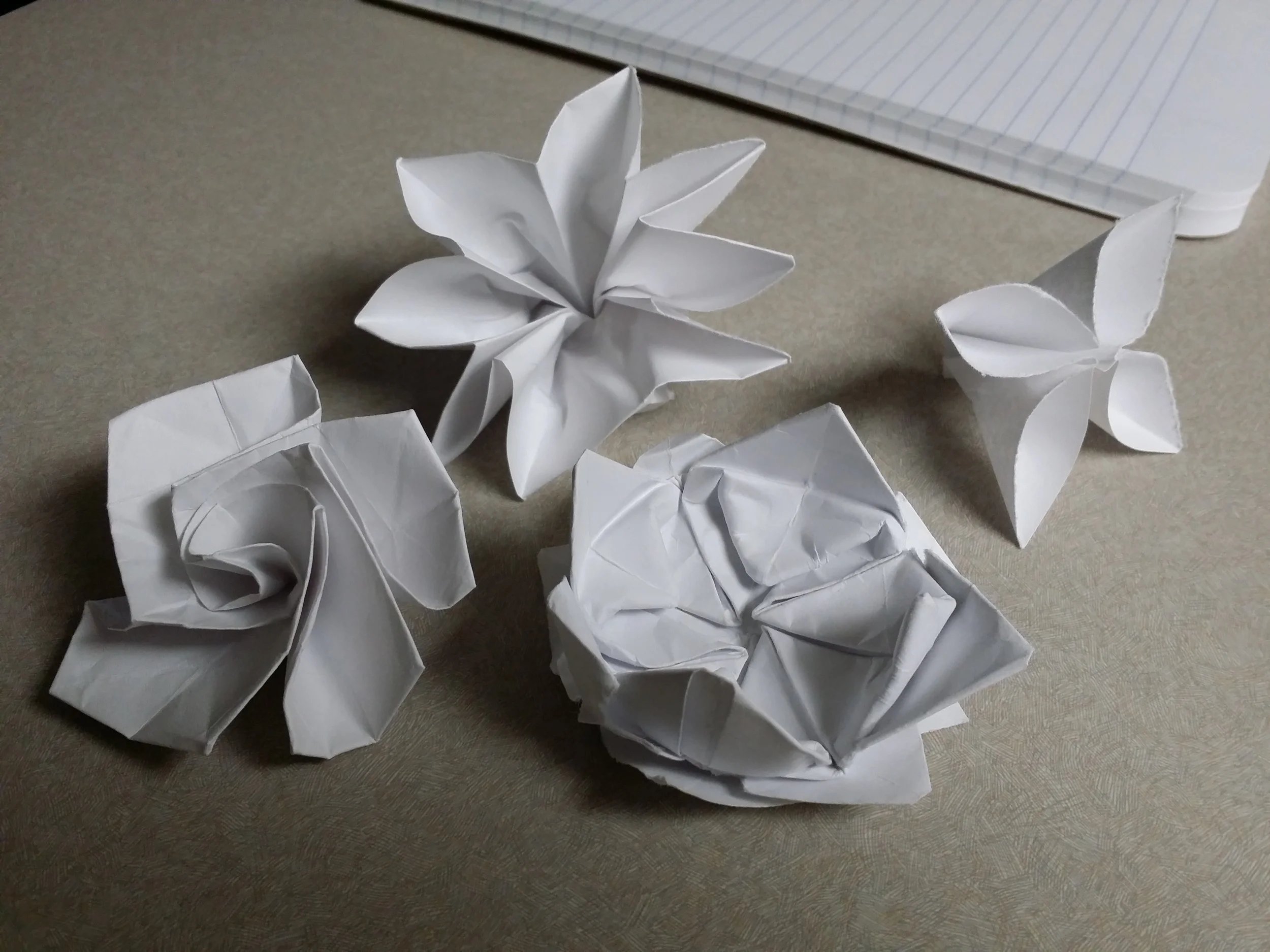Some of the contenders for paper flower. We went with the simple design on the right.