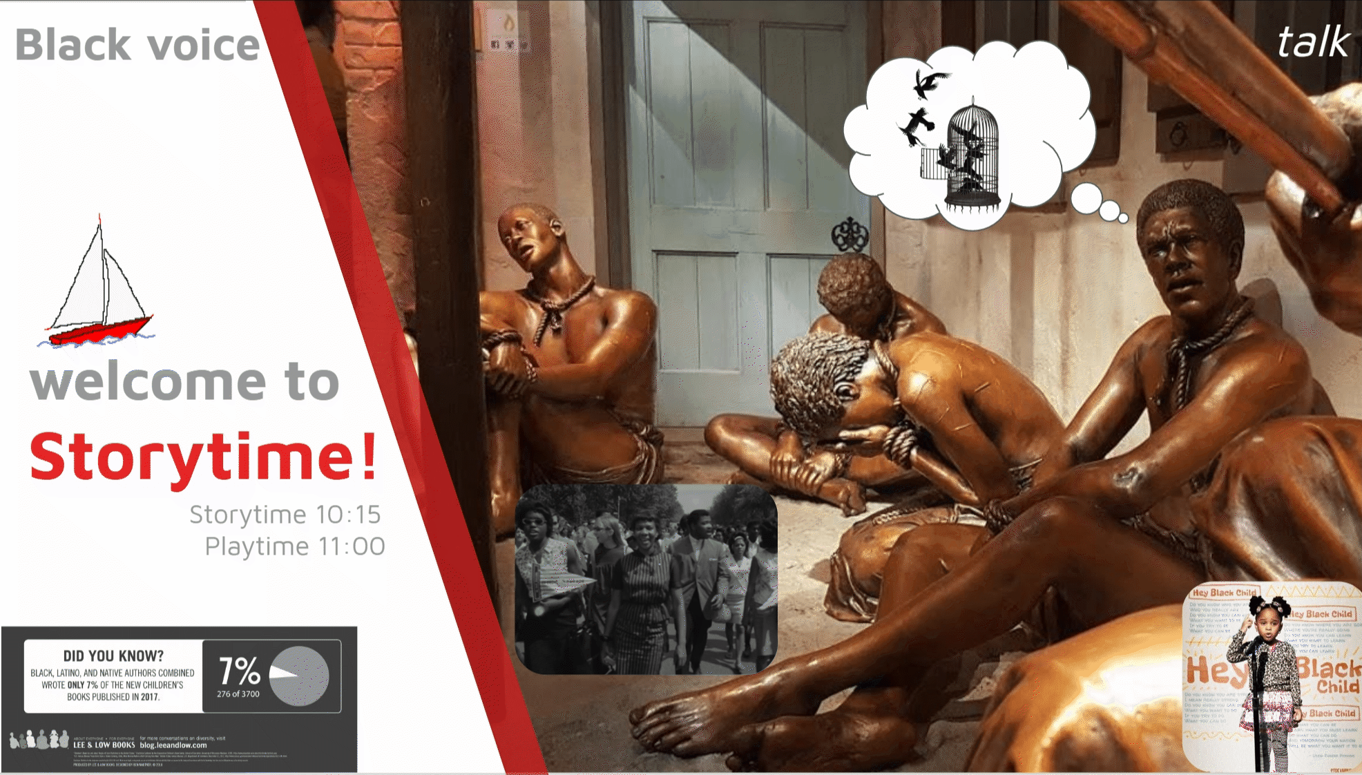 The kids had great insights into the picture. The walking caught their eye first, we talked about how a lot of people can march together to change something they think is wrong. The people in the statues are sad, they are slaves. What are they dreaming of? See the birds going free? And when we change the rules, we can see strong black children.