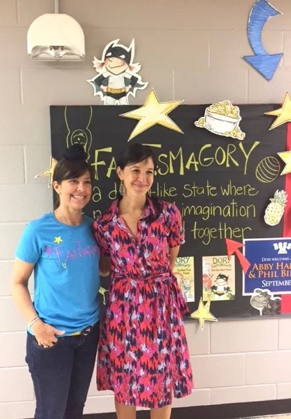WIth the extraordinary Bonnie Lang, librarian at Doss Elementary. Please notice SHE IS WEARING A MRS. GOBBLE GRACKER BUN! And a homemade "Fantasmagory" t-shirt. 