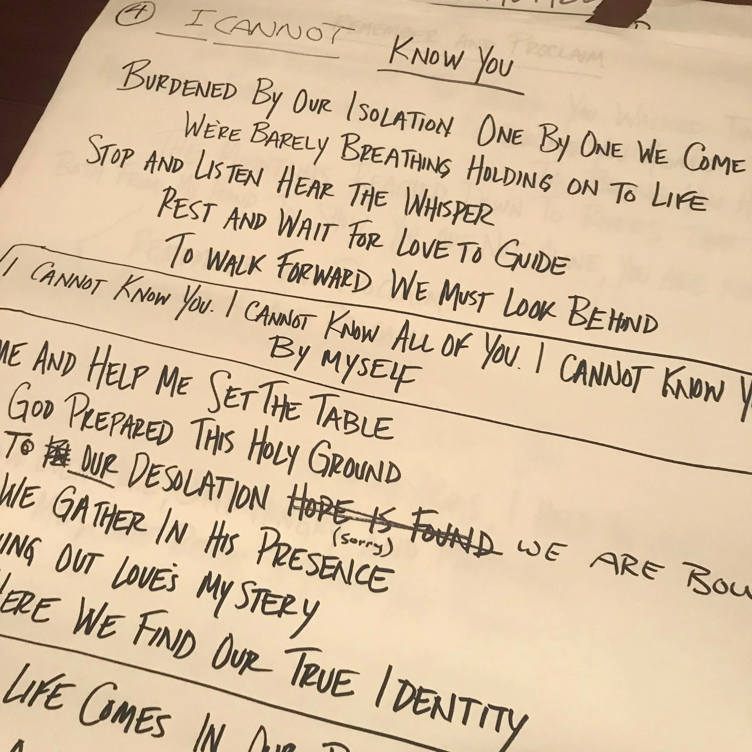 It’s a little small to see… but in our edits of song number 4, a few cross-outs and the word ‘sorry’ added to the change. My friend Rob’s sense of humor… read below!