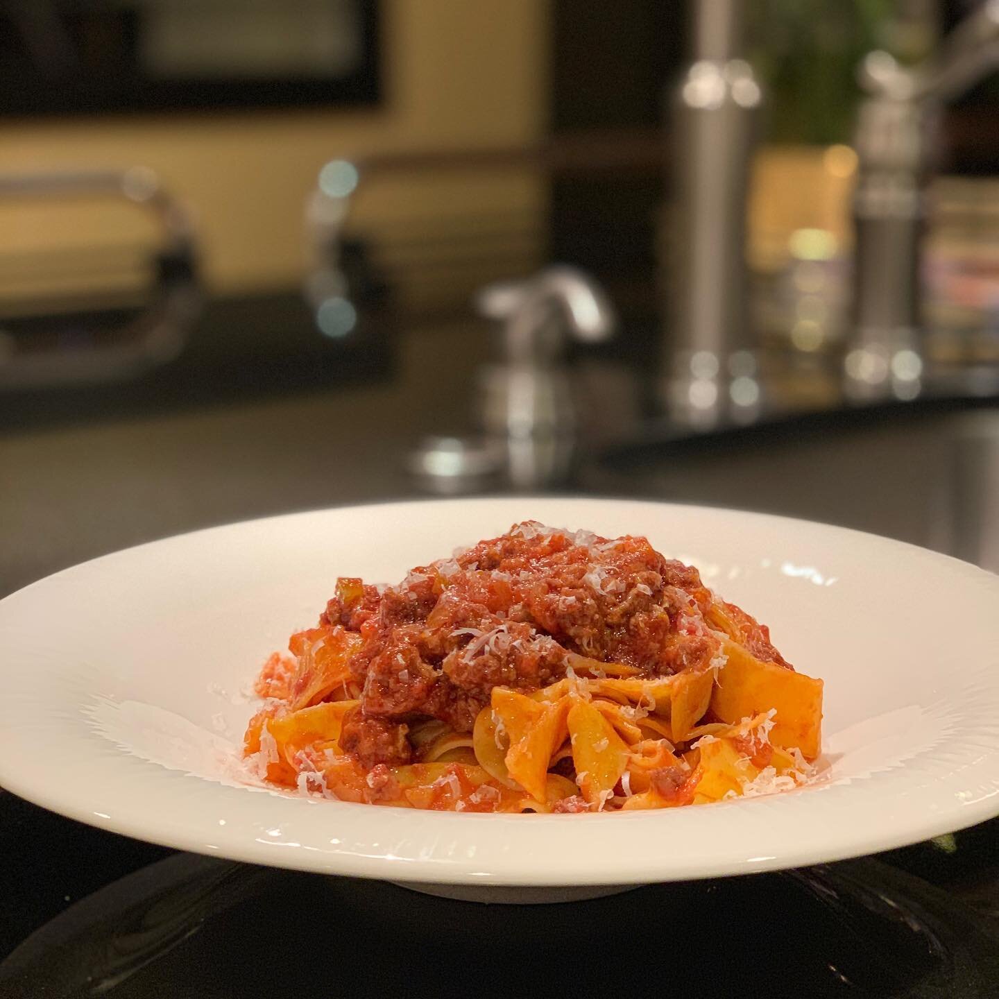 Italian Pappardelle with Italian rag&ugrave; bolognese with wagyu beef and angus ground beef.