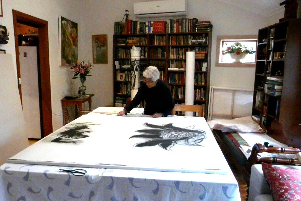 One of the prints made to commemorate the social and political losses which came about as a result of global conditions at the end of the eighties, being re-assembled for the exhibition.