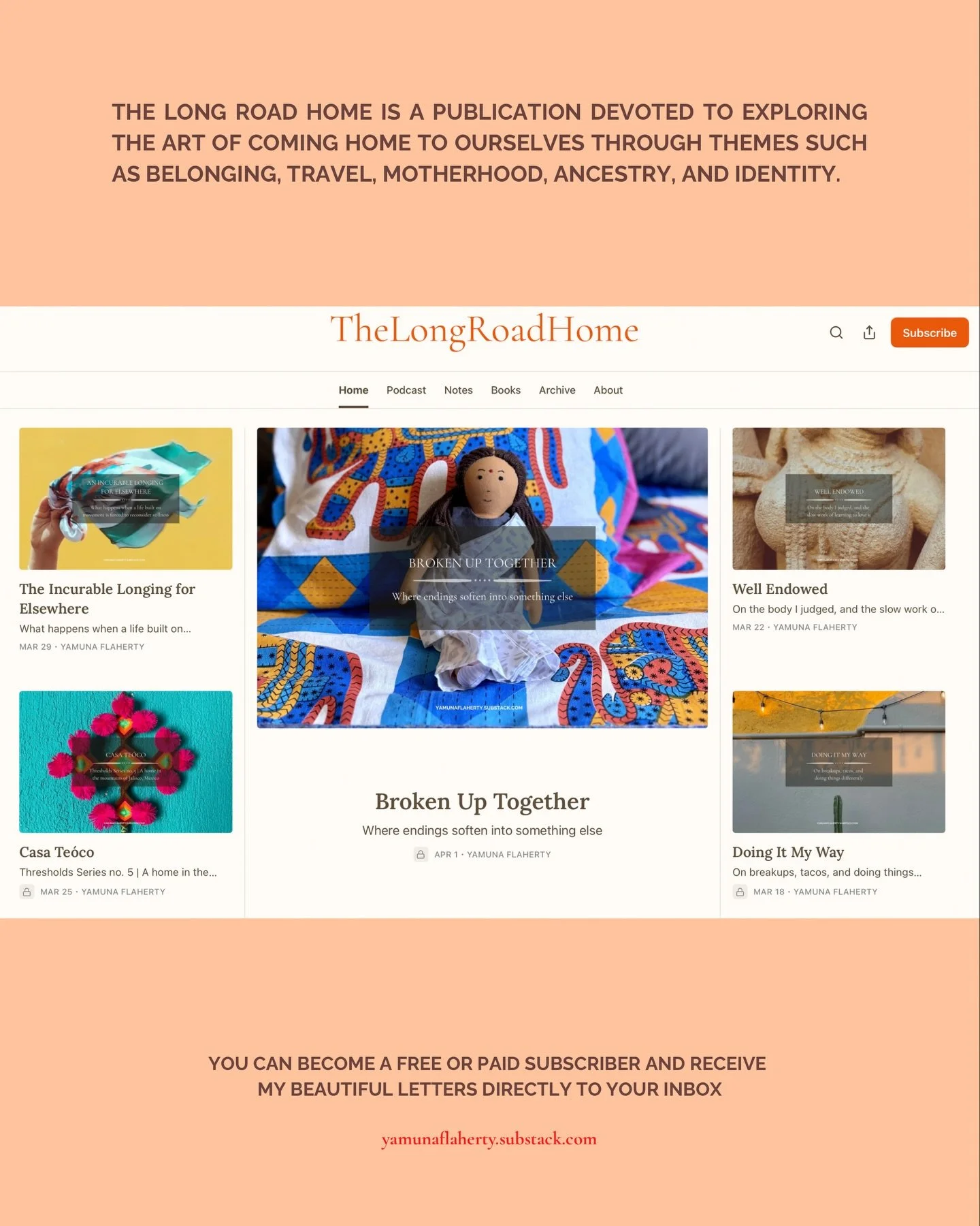Dear ones,⁣
⁣
I got the idea from the fabulous Substack @rootkeepers to showcase the homepage of my Substack publication, 𝘛𝘩𝘦 𝘓𝘰𝘯𝘨 𝘙𝘰𝘢𝘥 𝘏𝘰𝘮𝘦, for those of you who are wondering what the heck Substack is.⁣
⁣
Basically, it&rsquo;s a news