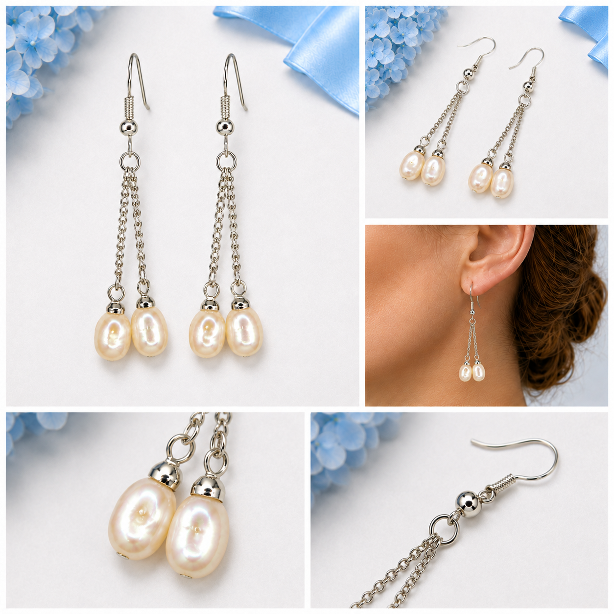 Five-panel collage showing pearlescent double-drop earrings from multiple angles and worn on a model.