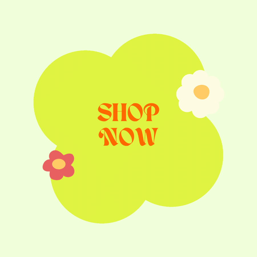 Bright yellow-green abstract shape with the text 'SHOP NOW' in orange, surrounded by white and pink flower illustrations on a pale green background.
