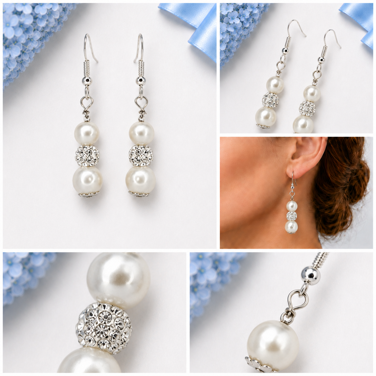 Five-panel collage showing pearlescent sparkle stack earrings from multiple angles and worn on a model.