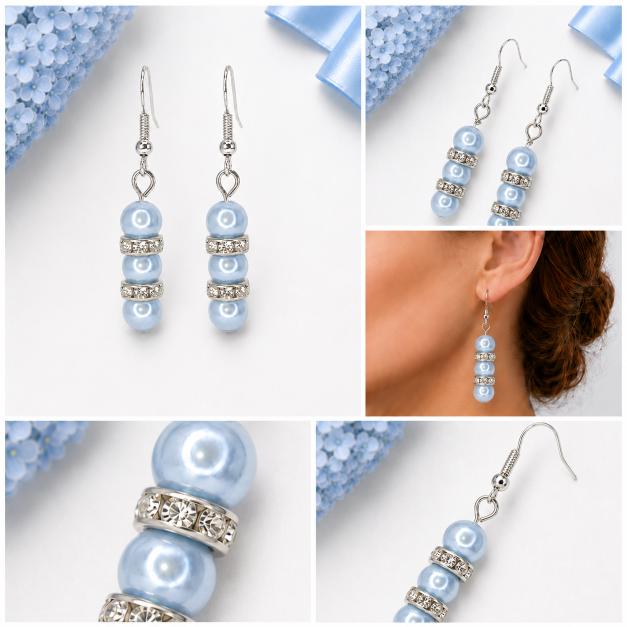 Five-panel collage showing baby-blue pearlescent crystal stack earrings from multiple angles and worn on a model.