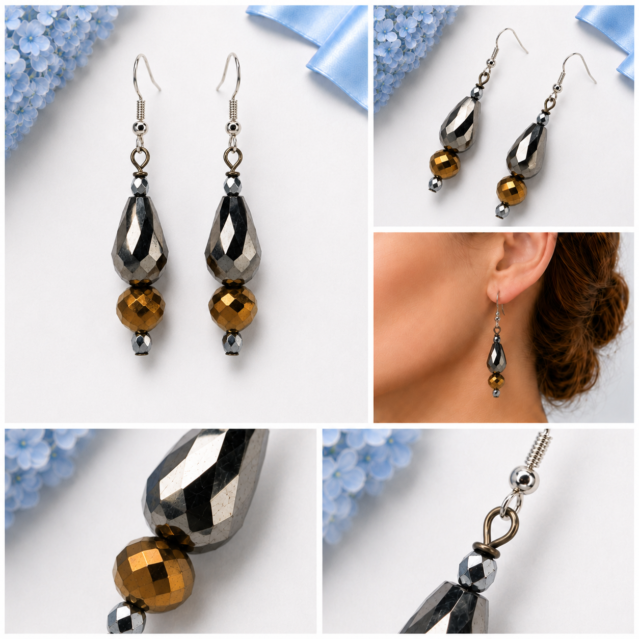 Five-panel collage showing smoky bronze faceted drop earrings from multiple angles and worn on a model.