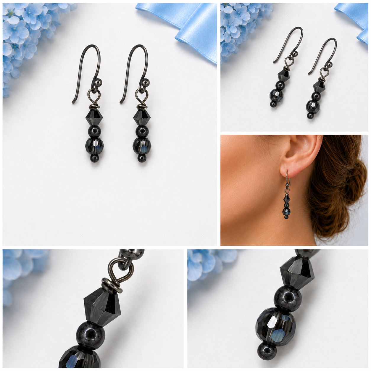 Five-panel collage showing black faceted bead drop earrings from multiple angles and worn on a model.