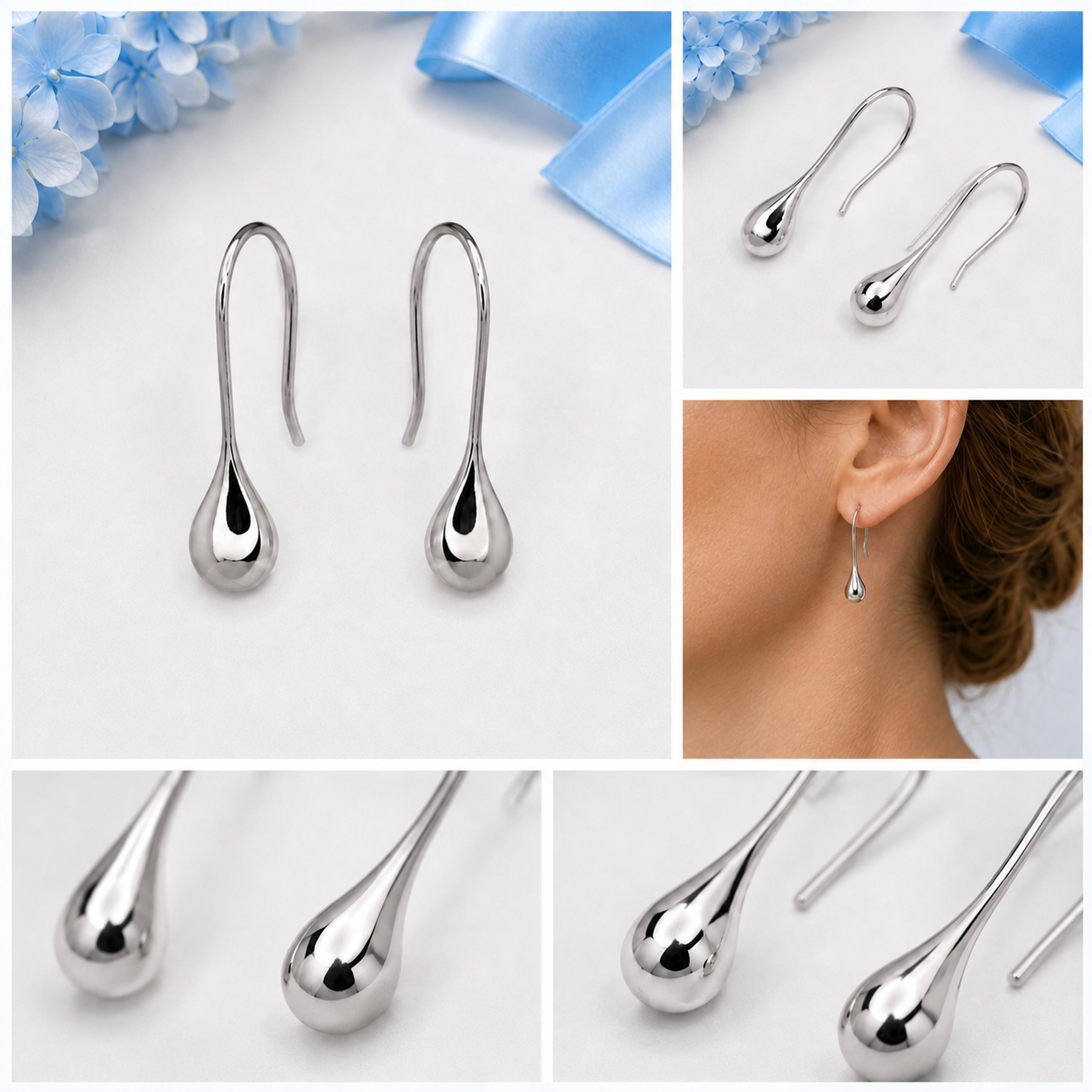 Five-panel collage showing silver-tone raindrop earrings from multiple angles and worn on a model.