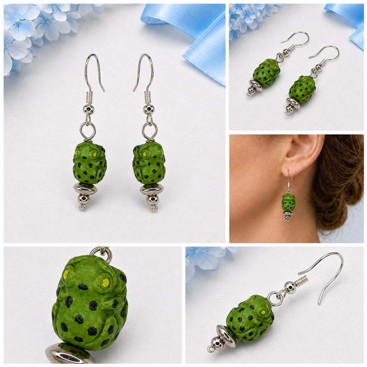 Five-panel collage showing handmade green frog drop earrings from multiple angles and worn on a model.