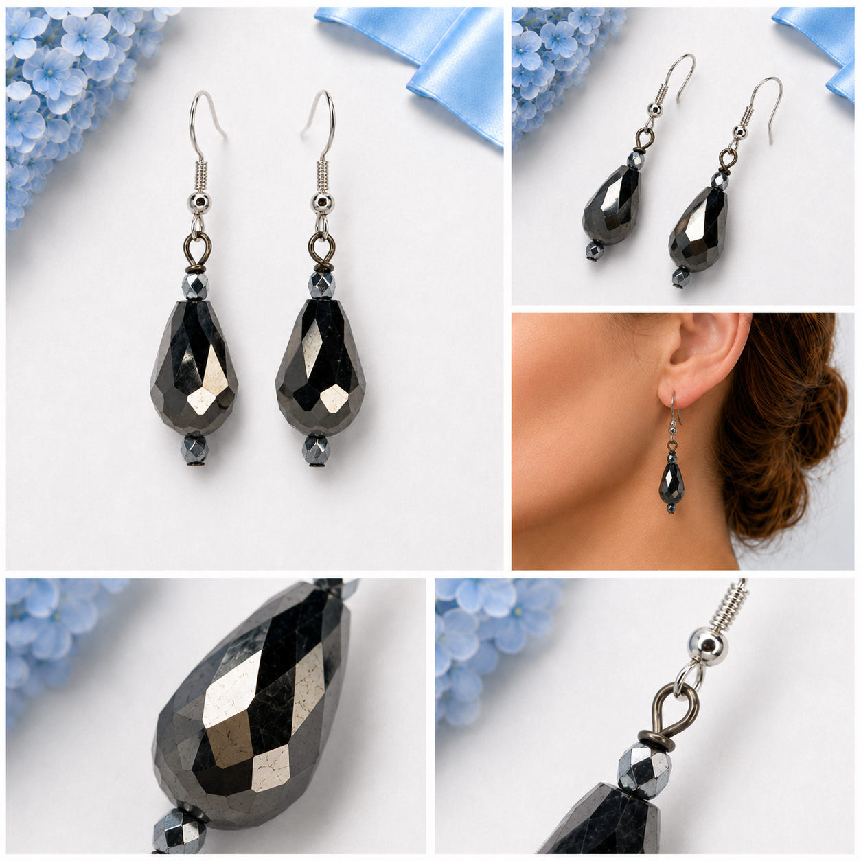Five-panel collage showing smoky faceted teardrop earrings from multiple angles and worn on a model.