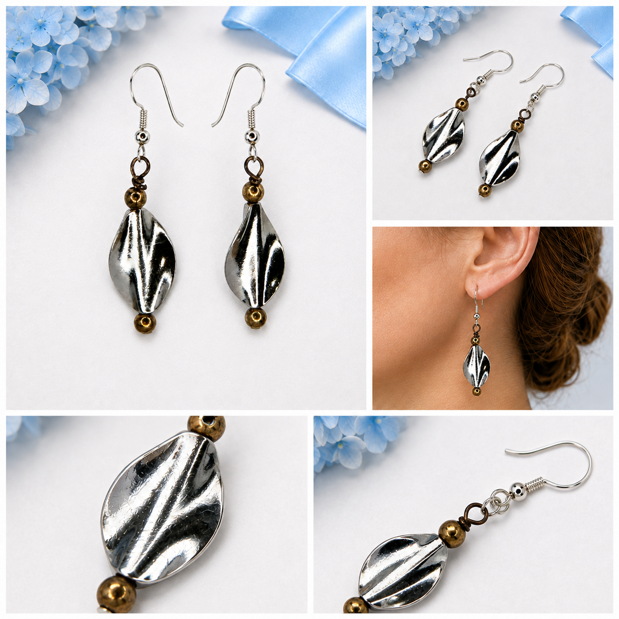 Five-panel collage showing silver-tone leaf drop earrings from multiple angles and worn on a model.