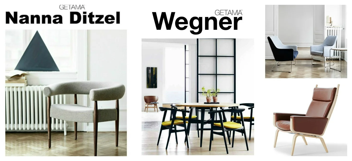 Left to Right: Nanna Ditzel Ring Chair in grey upholstery and oiled wallnut finish. Hans Wegner dining room set GE-525 and GE-526. Bernt Series-1201 pair of easy chairs in blue upholstery and chrome legs. Hans Wegner GE-501A in leather upholstery and oak finish.