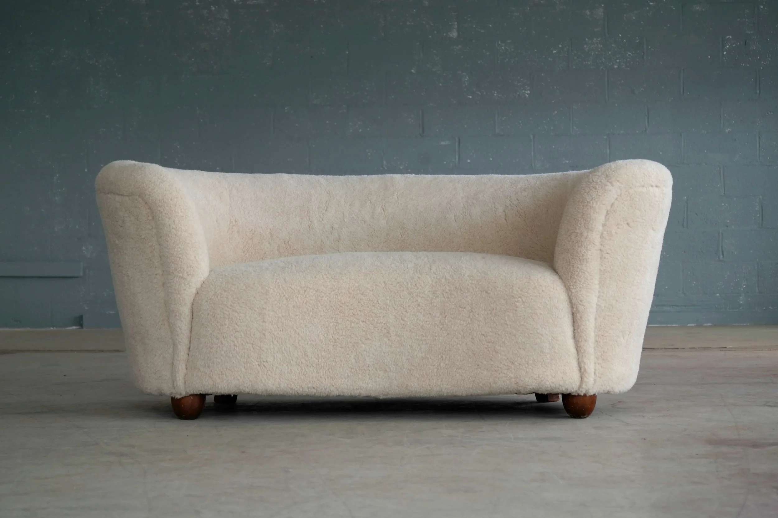 Viggo Boesen Style Curved Sofa or Loveseat in Lambswool Attributed to Slagelse