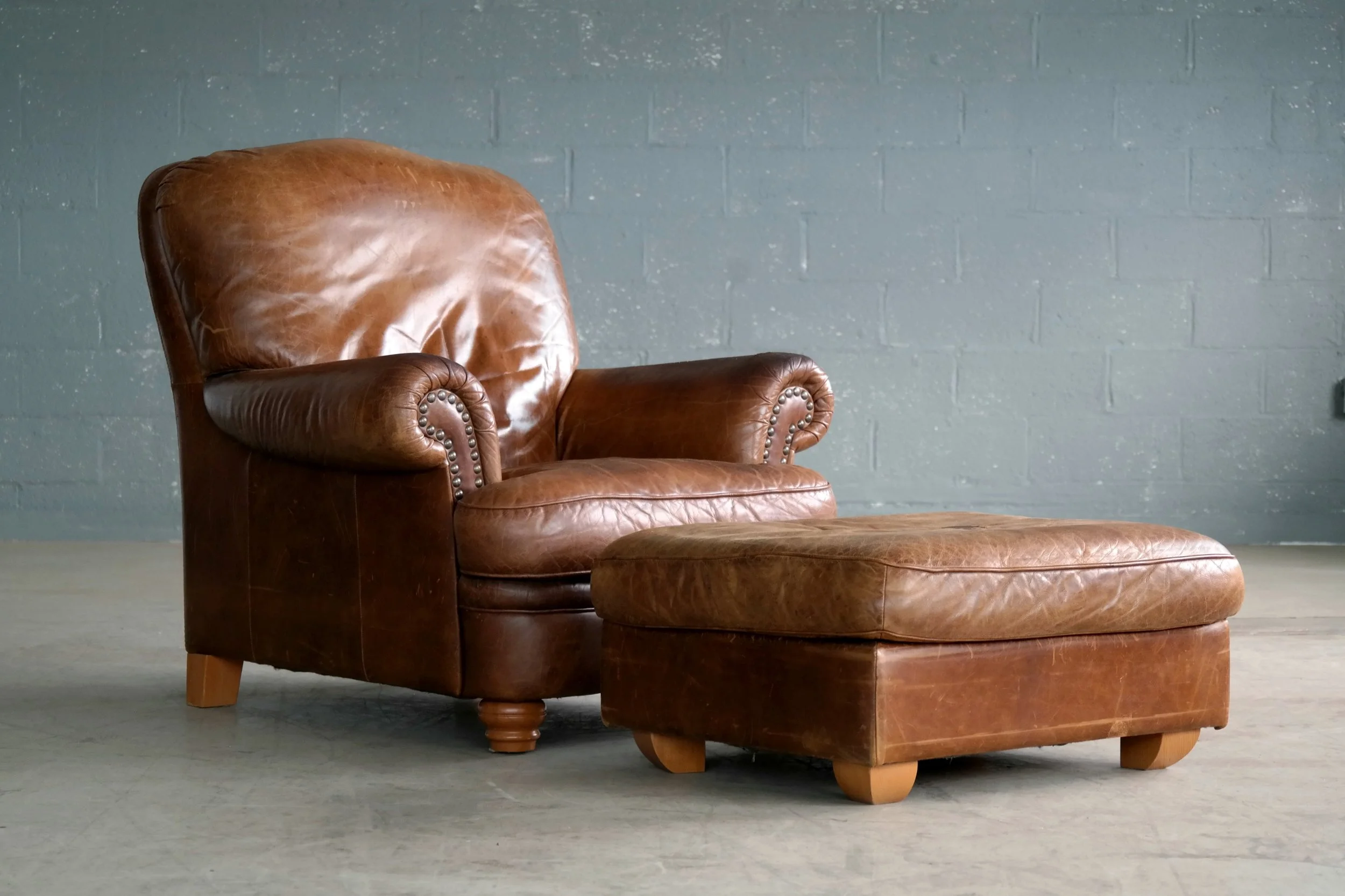 Danish Mid-Century Large Size Cognac Color Leather Club Chair with Ottoman