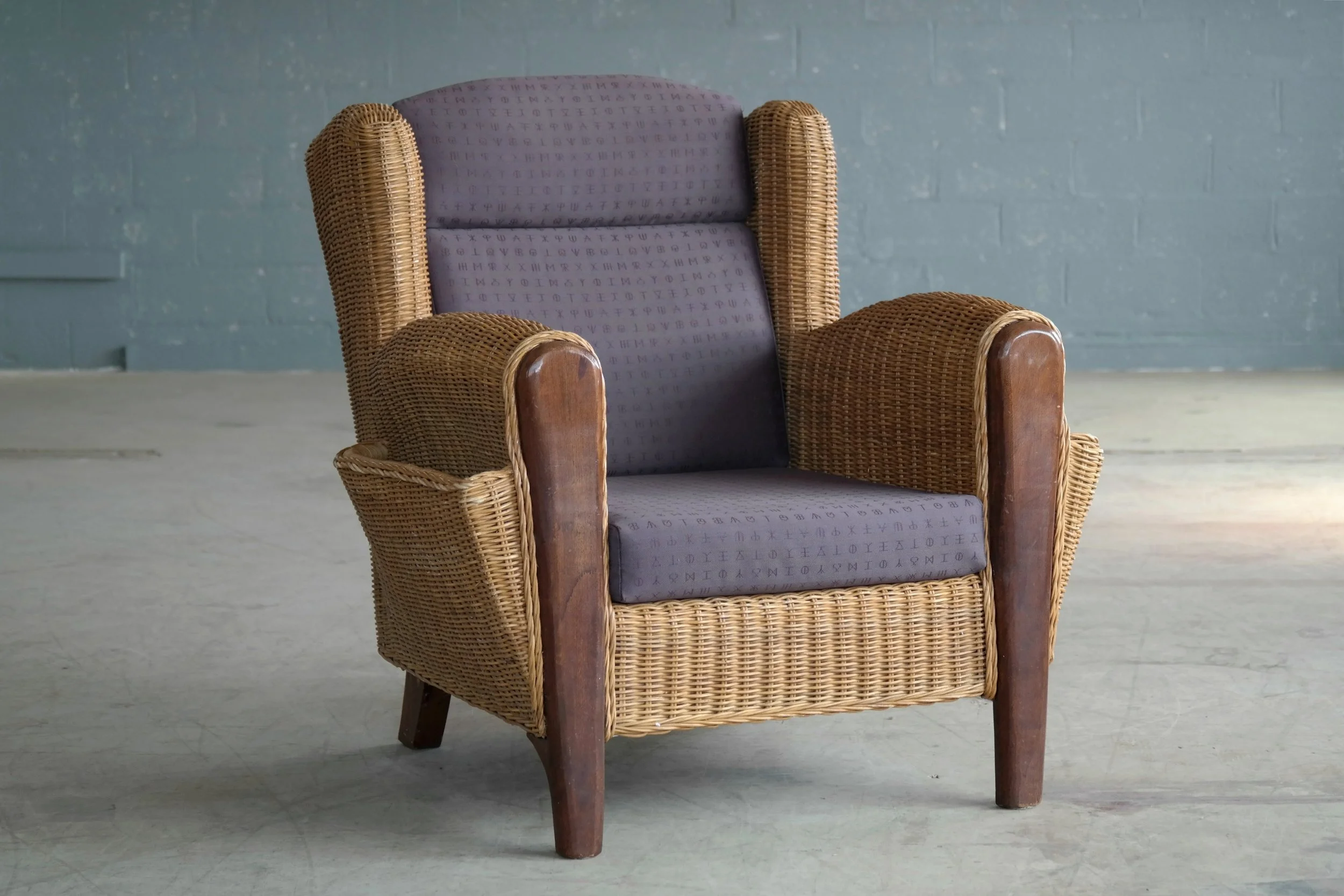 Danish Mid-Century Wicker Lounge Chair with Magazine Pockets