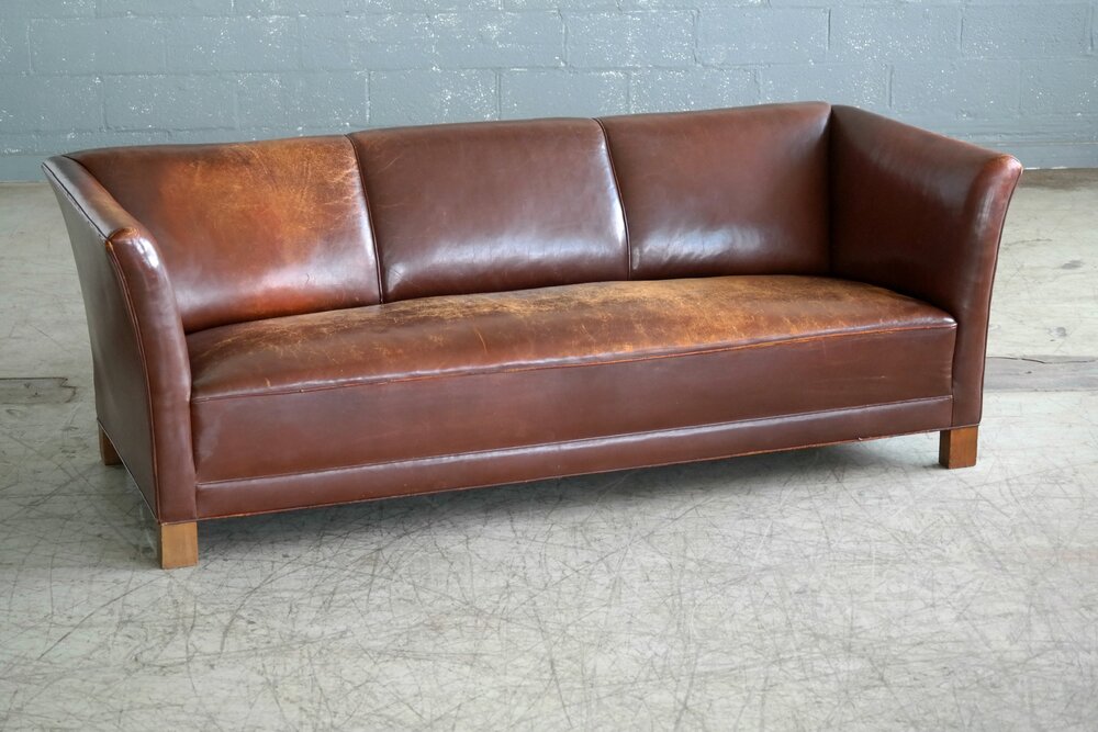 Early Midcentury Club Sofa Hansen in Chestnut Brown Worn Leather