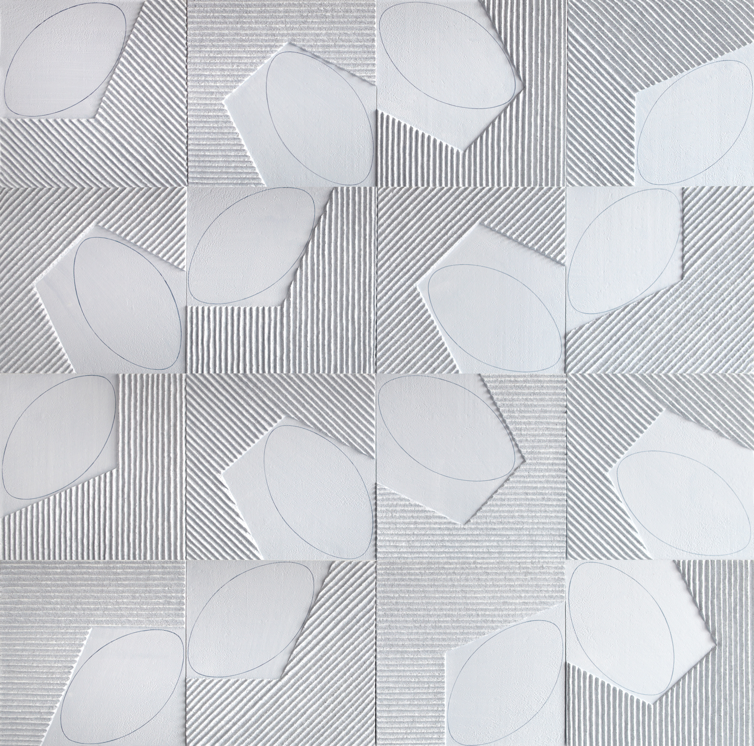 form light shadow 2015. o il, marble dust, paper pulp, wood. 16 panel series. 92 x 92 inches this configuration