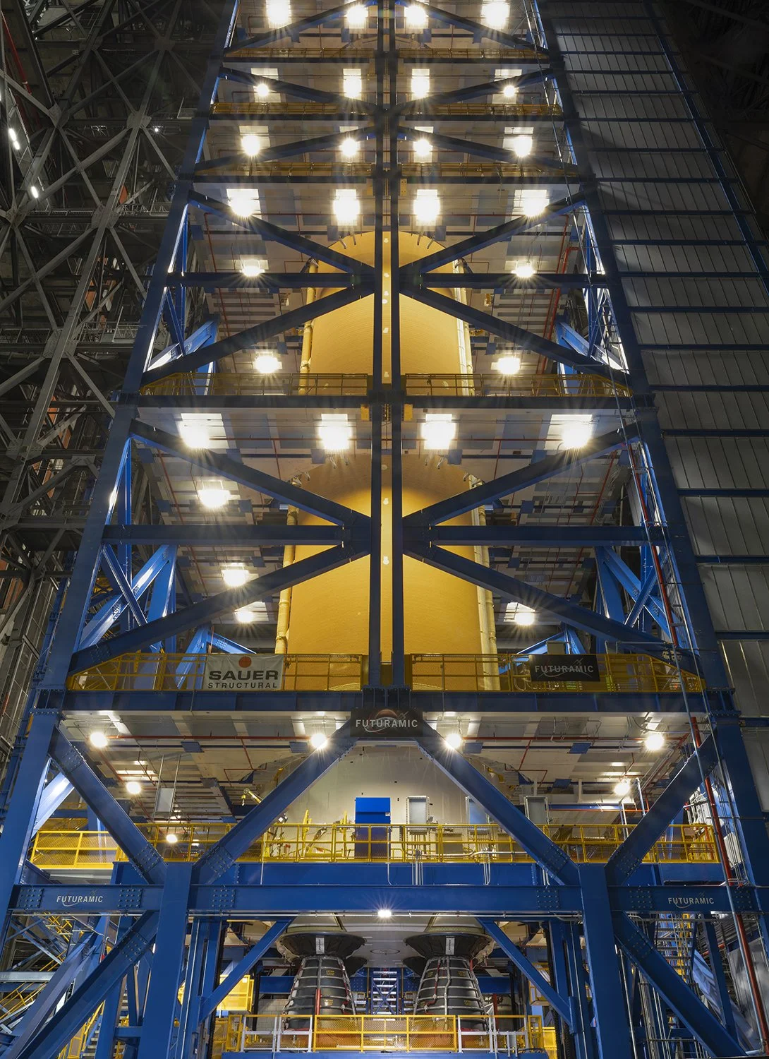 Artemis 2 Core Stage in a Stand in the VAB