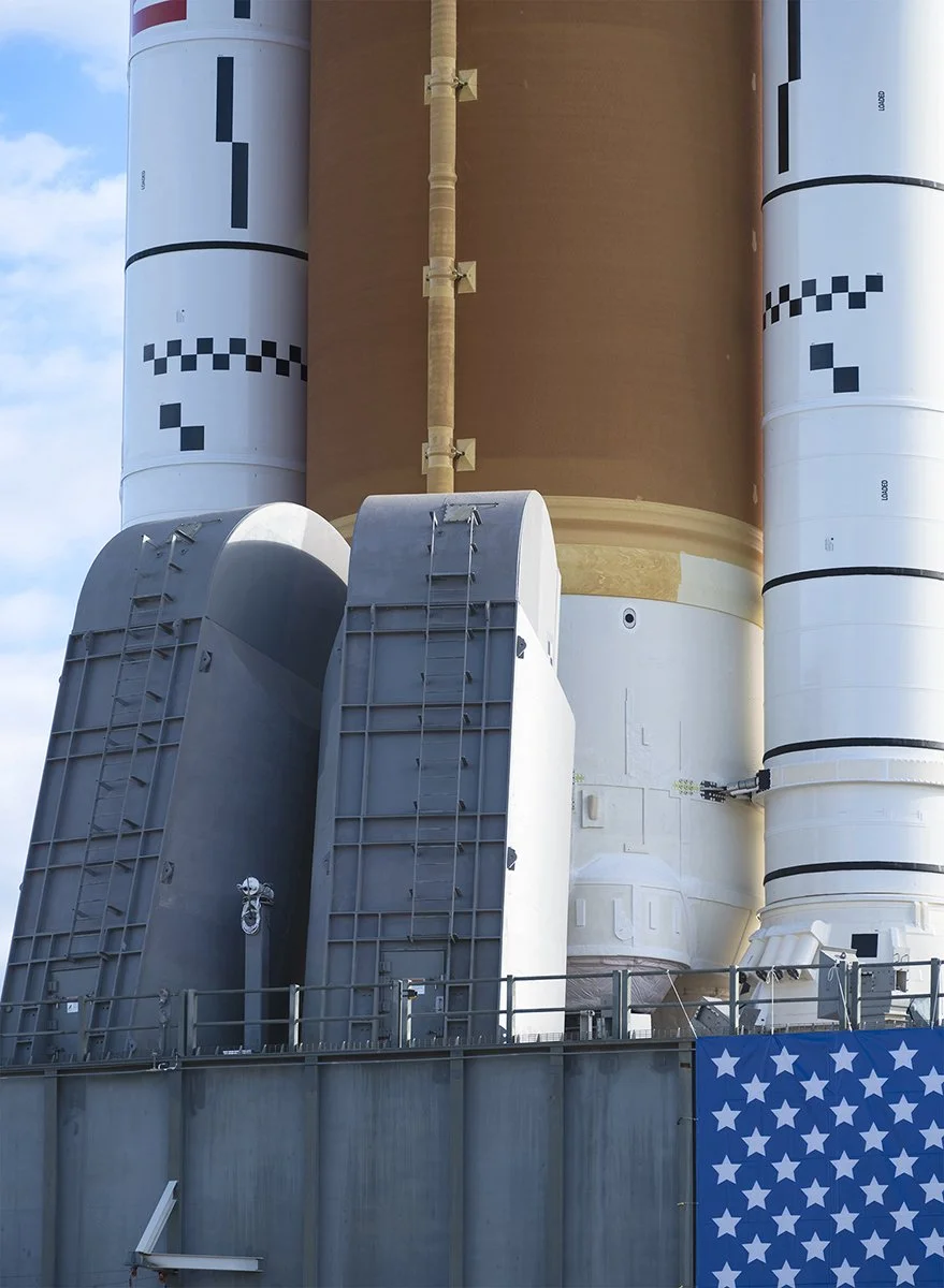 Tail Service Mast Umbilicals and Solid Rocket Boosters and Core Stage of the Artemis 2 SLS Rocket