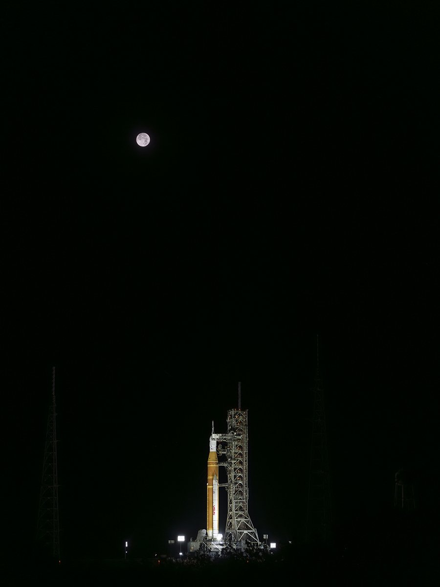Artemis 2 SLS Rocket with Full Moon