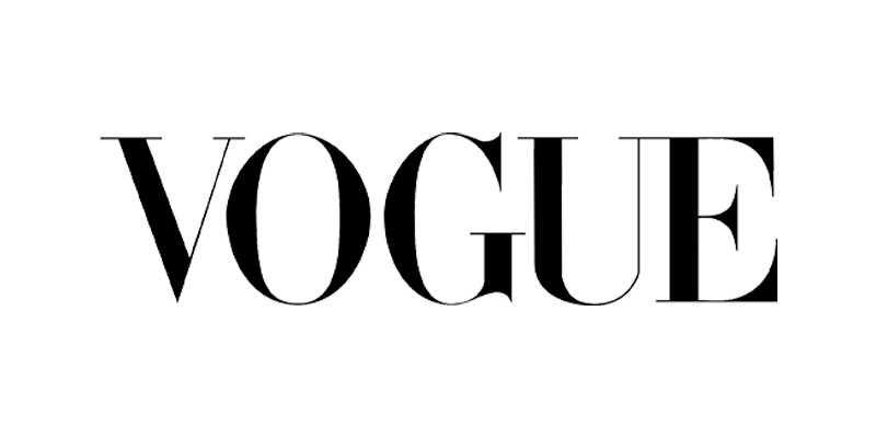 Black and white Vogue logo with the word 'VOGUE' in large, elegant font.