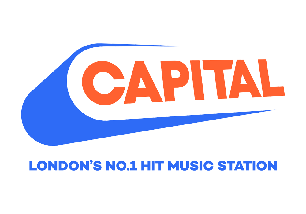 Logo with the word 'CAPITAL' in bold orange letters with a blue swoosh and the tagline 'London's No.1 Hit Music Station' in blue text.