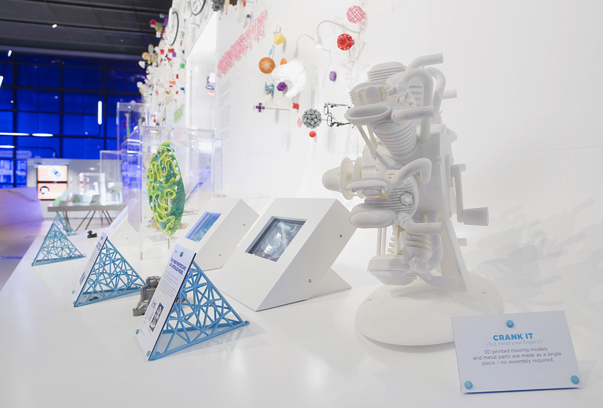  Our design aimed to showcase the various printing processes and resulting objects by unifying them on bold support structure that provided a clear means to navigate the content whilst also rooting the exhibition into the surrounding environment. 