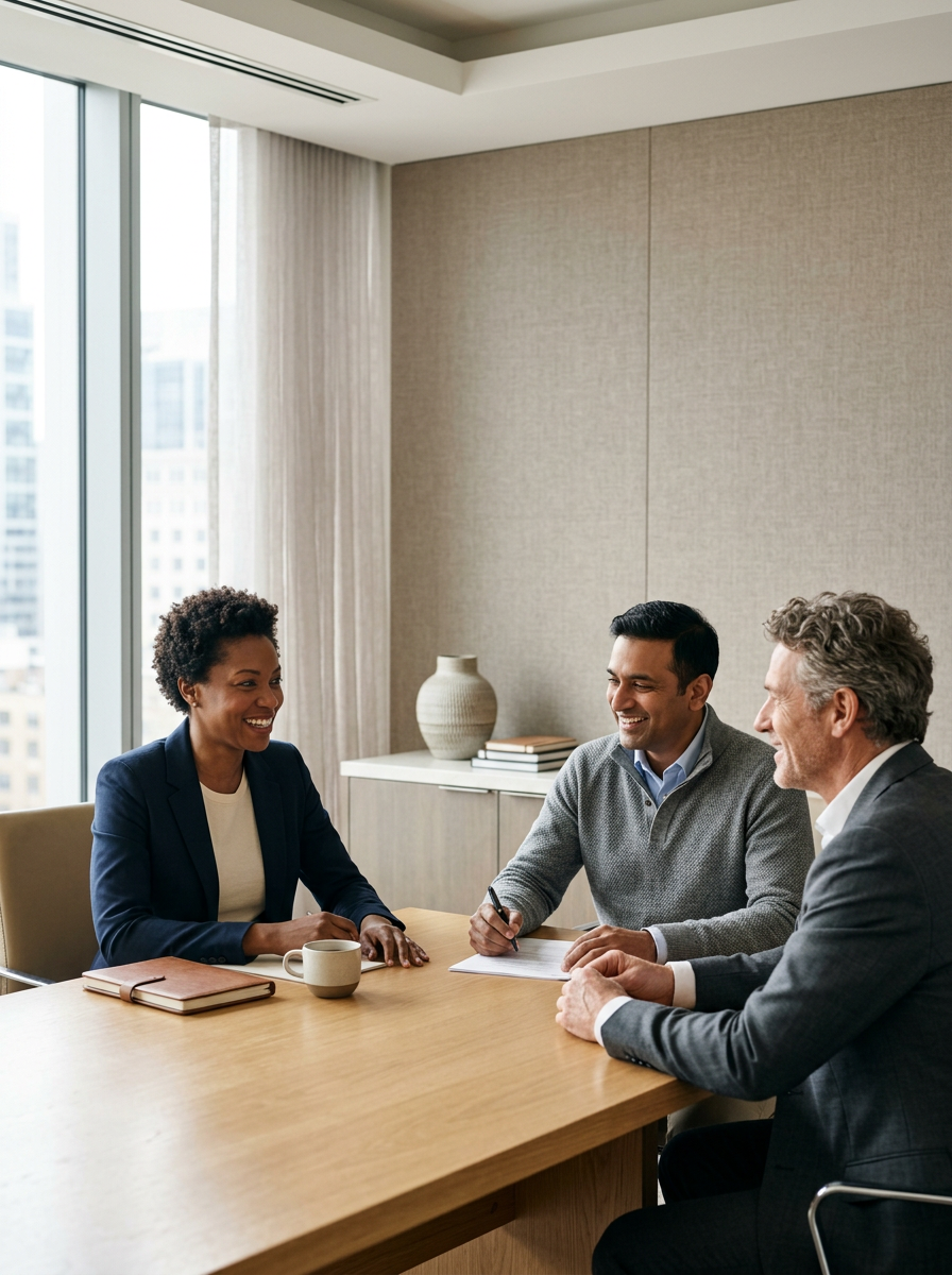 Three people sitting at a conference table in a meeting room, smiling and talking, with large windows and city buildings outside.