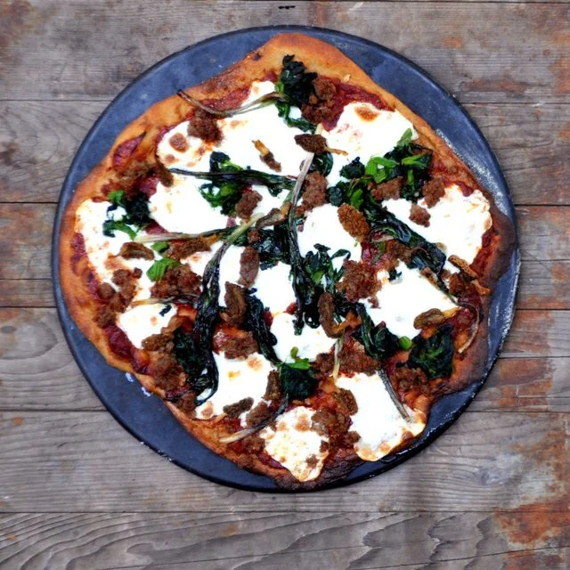 Mother's Day Pizza with Spinach, Sausage + Leeks