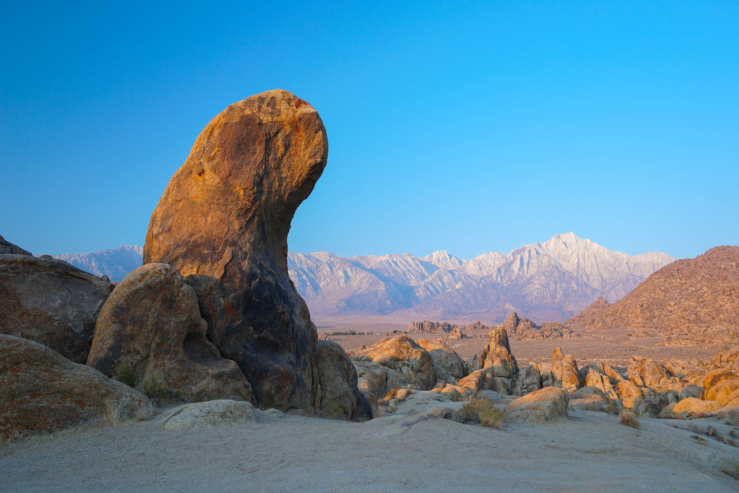 A stroll through the boulder field provides a view of Mt. Whitney at first light.