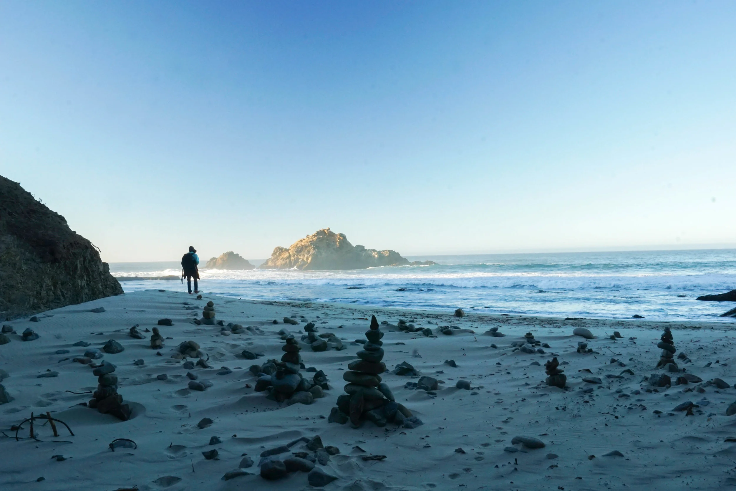 Rock stacks line our path back along the beach.
