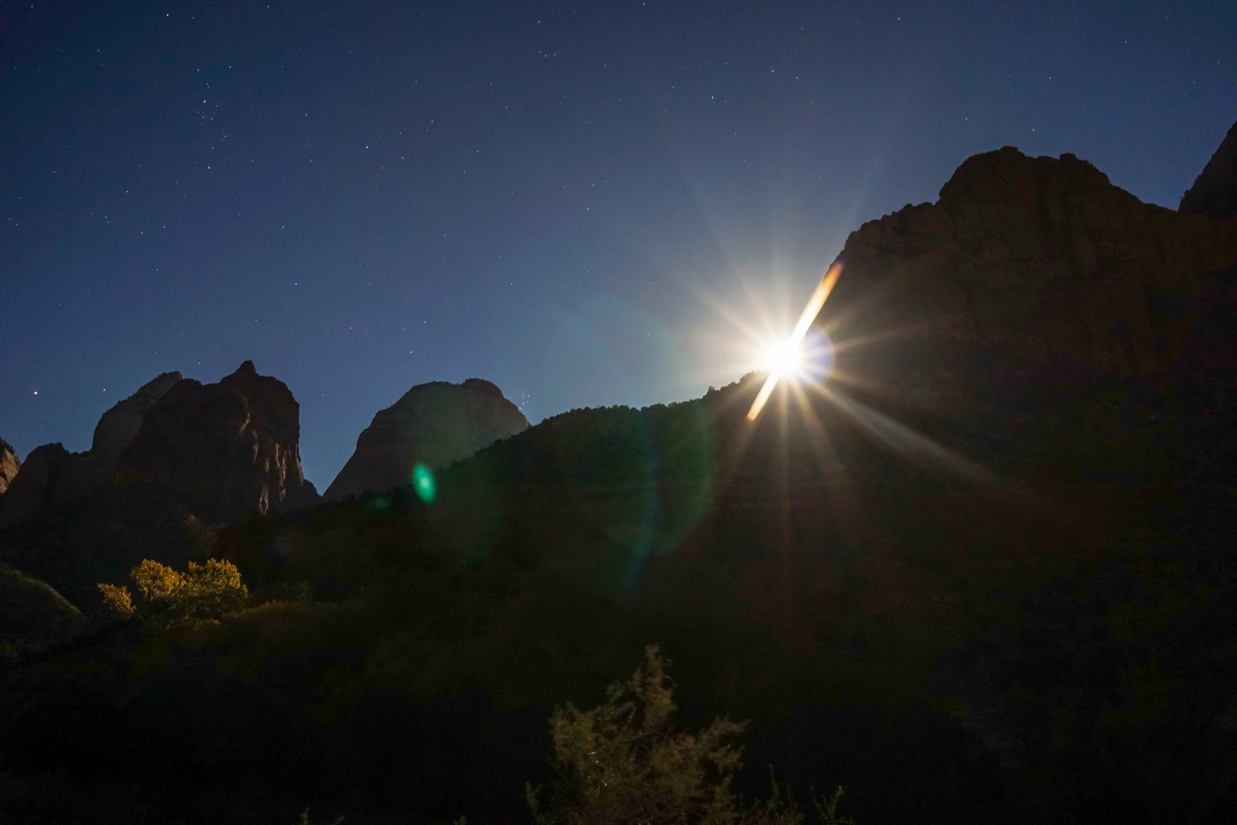 Another blessing in disguise. The moon lit up the cathedrals of Zion as it rose above the towering canyon walls. Totally worth the extra ass kicking.