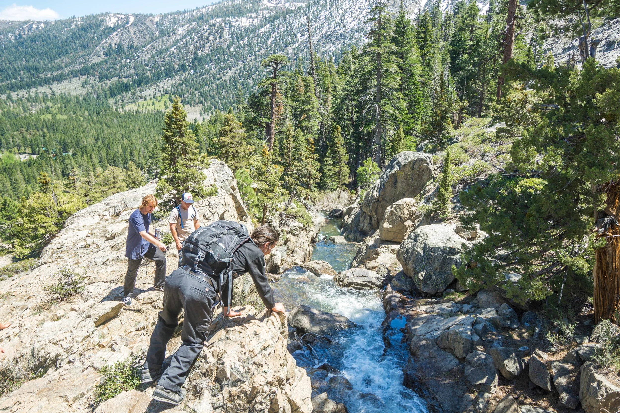 Upon reaching a steep drop-off, we search for a safe way to cross.