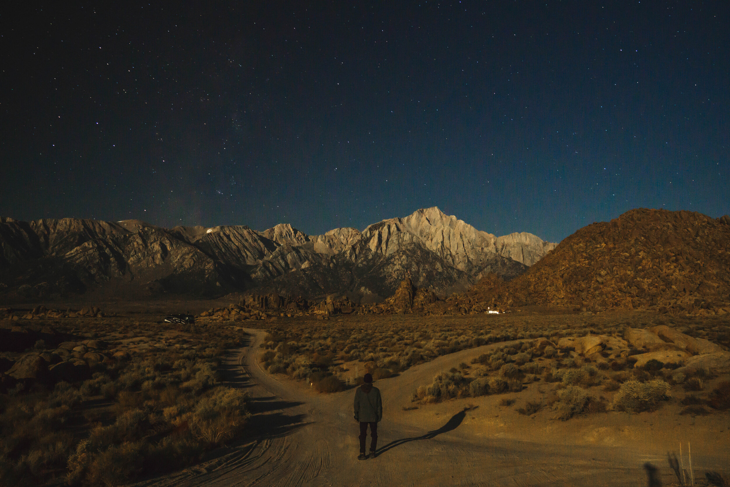 We drove south another hour to camp beneath Mt. Whitney. We were suddenly stuck with a second wind, setting off work a night hike.