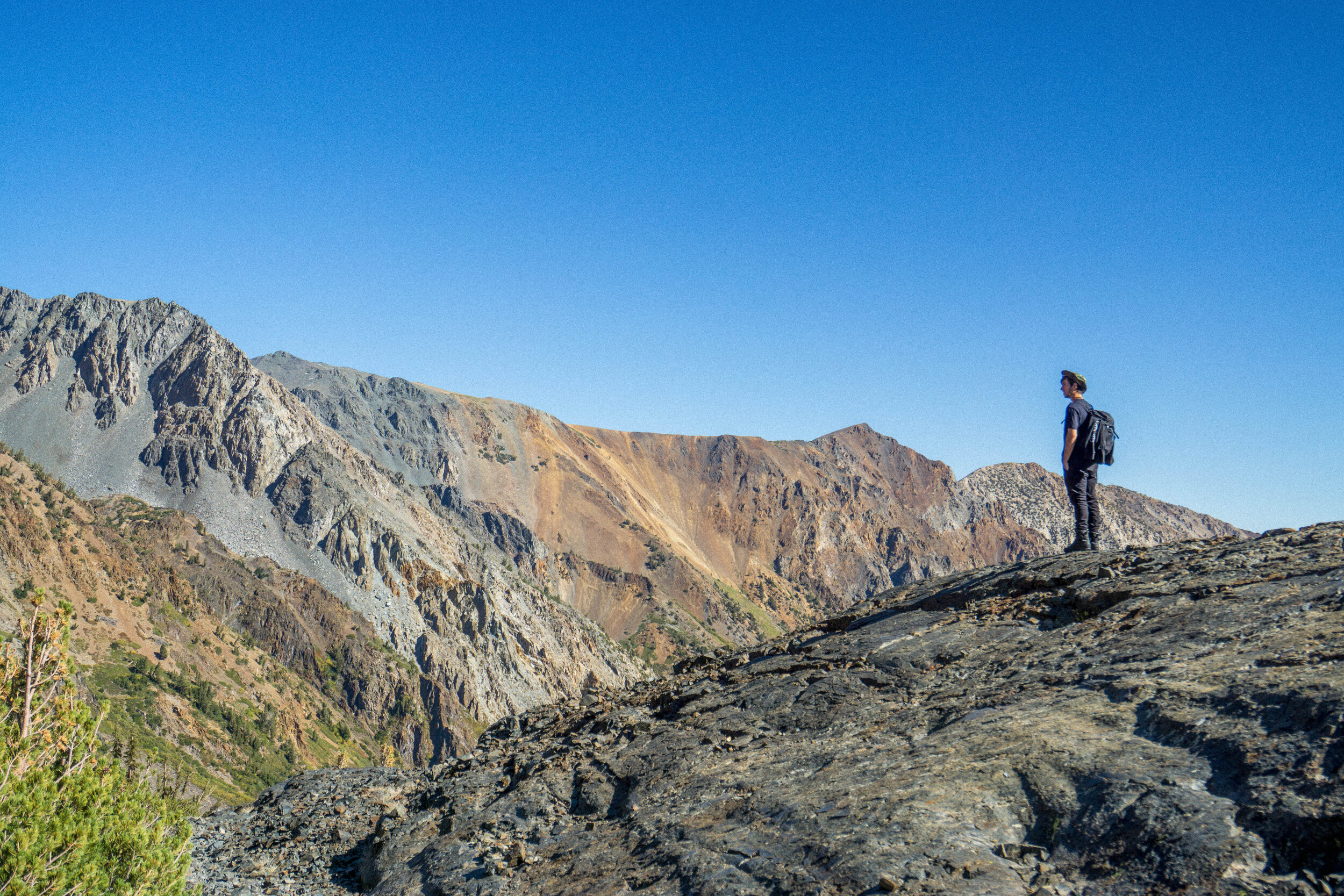 The Sierras are known for their granite peaks, but this hike also had what some call the 'Old Sierras', a red-hued sheet of brittle volcanic rock that formed long before the granite peaks.