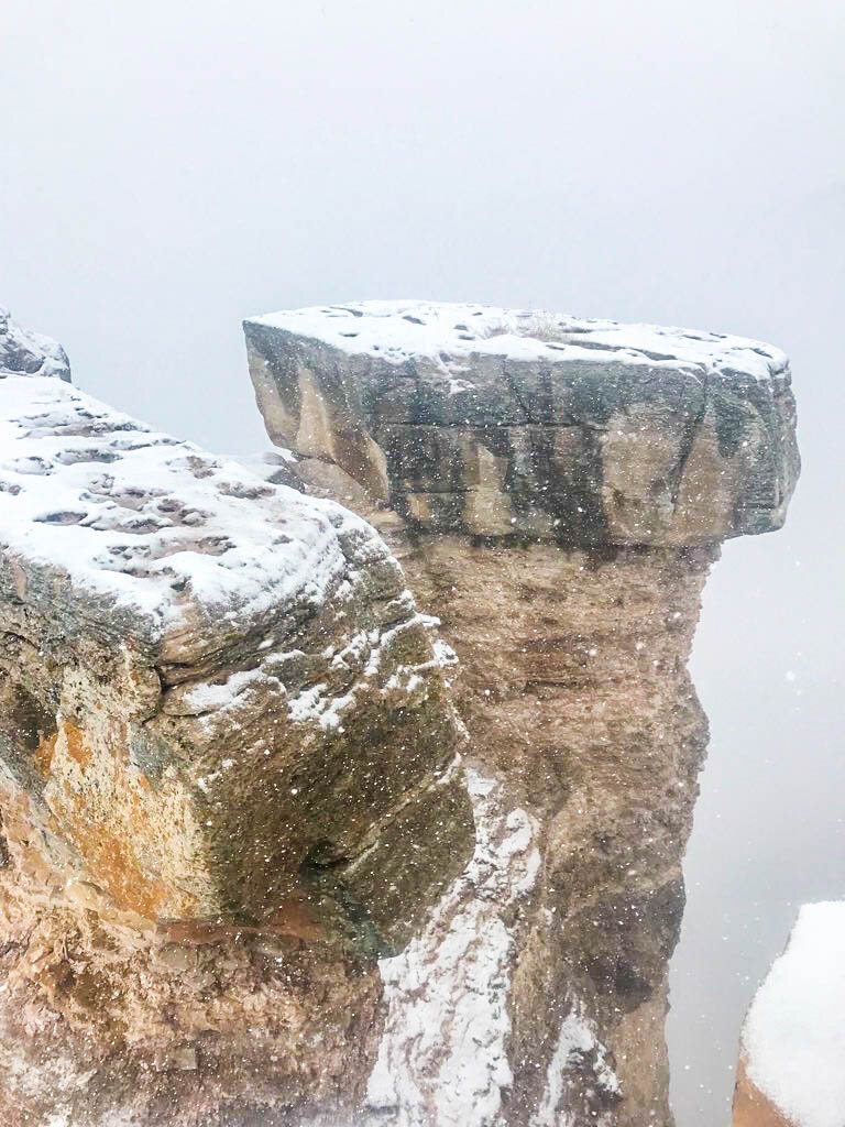 Upon arriving at the Grand Canyon rim we were greeted by a dramatic sight. As snow continued to fall, fog rolled in, obscuring anything past 100 ft.