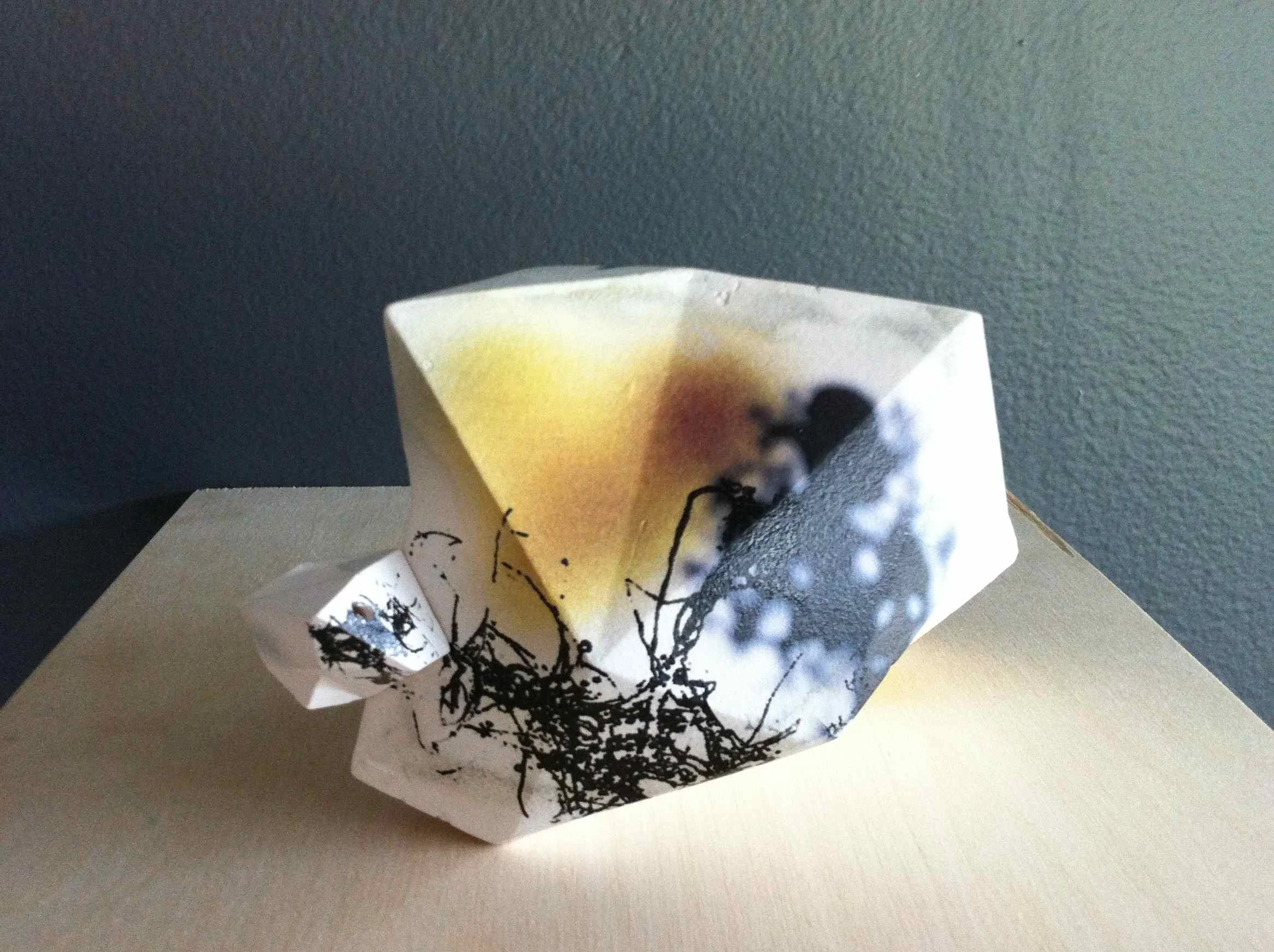 Cast porcelain, ceramic decals, 3D printed forms and connectors. 6 x 9 x 5", 2014 (above)