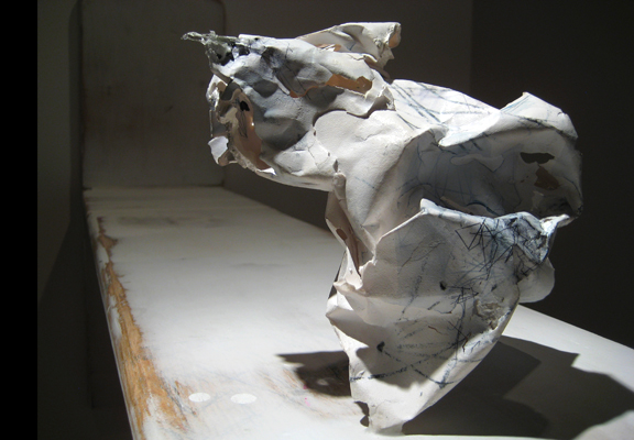 Cast porcelain, ceramic decals, epoxy, white-out. Cast porcelain, ceramic decals, epoxy, white-out