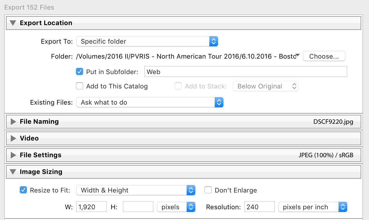The main export settings relevant here are creating the subfolder, and I always resize to 1920px, it's a high enough resolution for the band to post on social media without any quality degradation, and the file sizes are managable