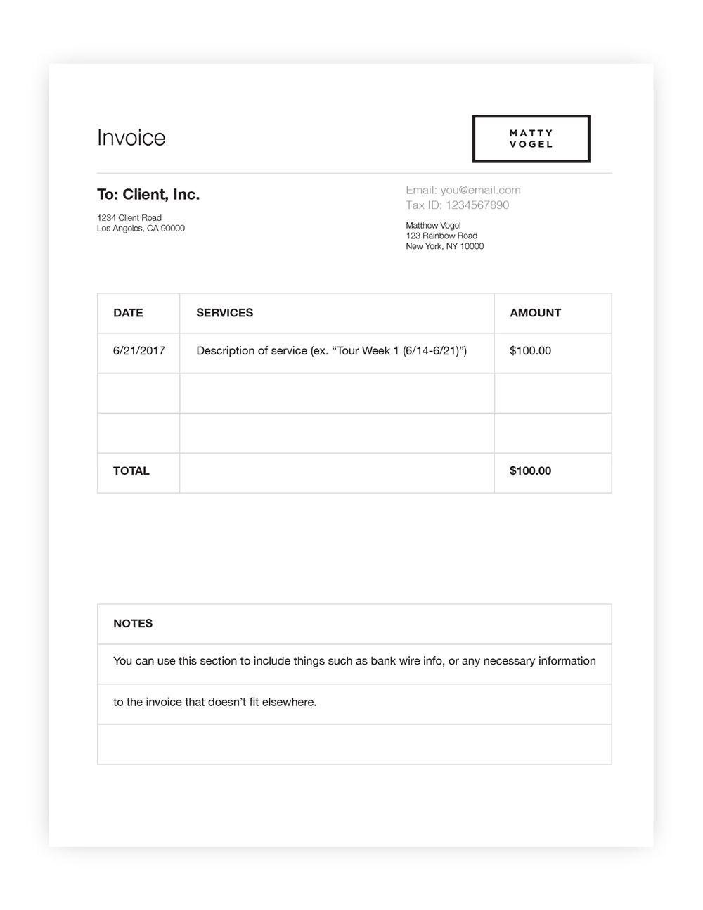 Free Photography Invoice Template Matty Vogel Photographer