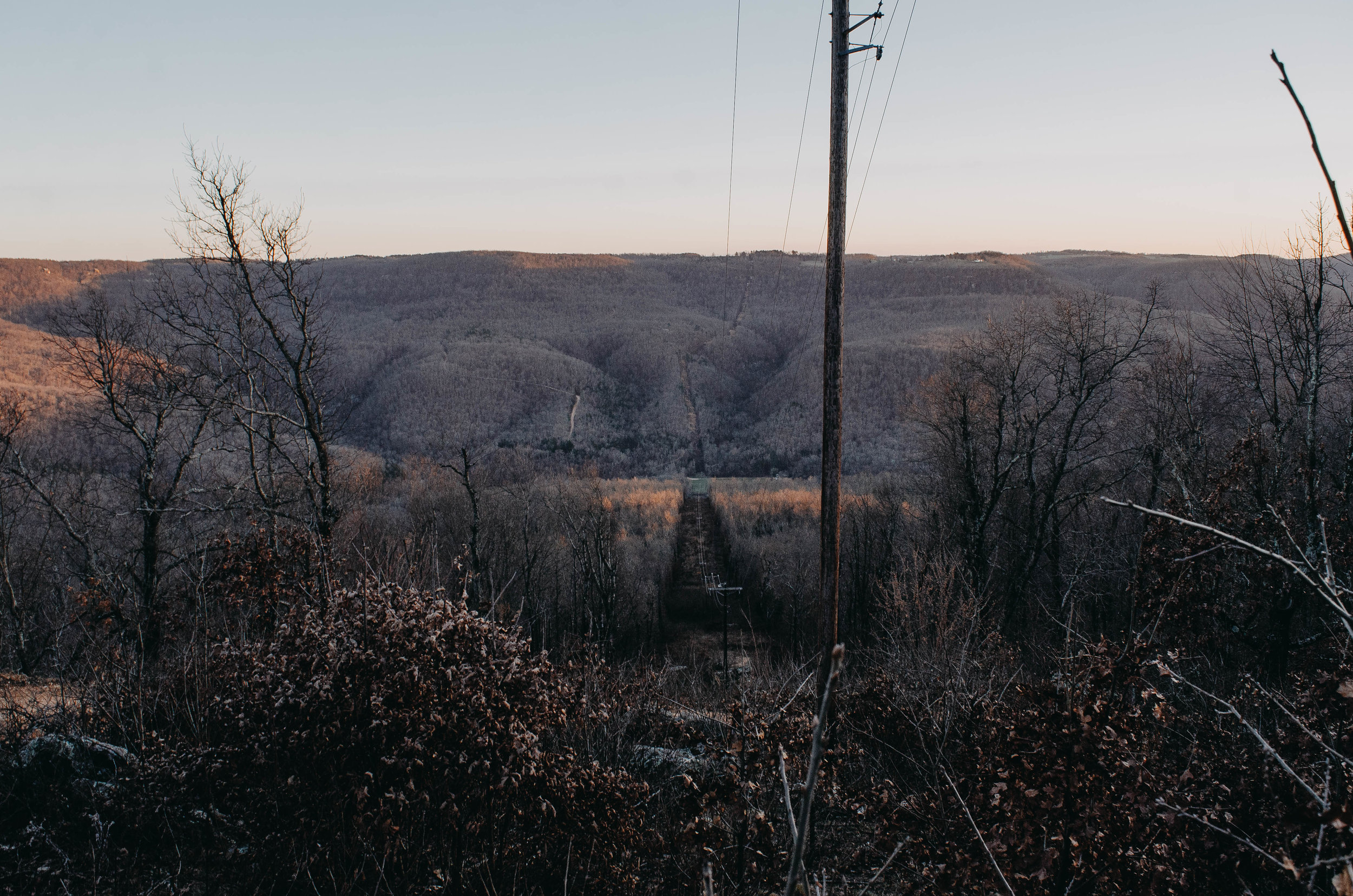 View down the cleared right-of-way above the Buffalo River toward Camp Orr.