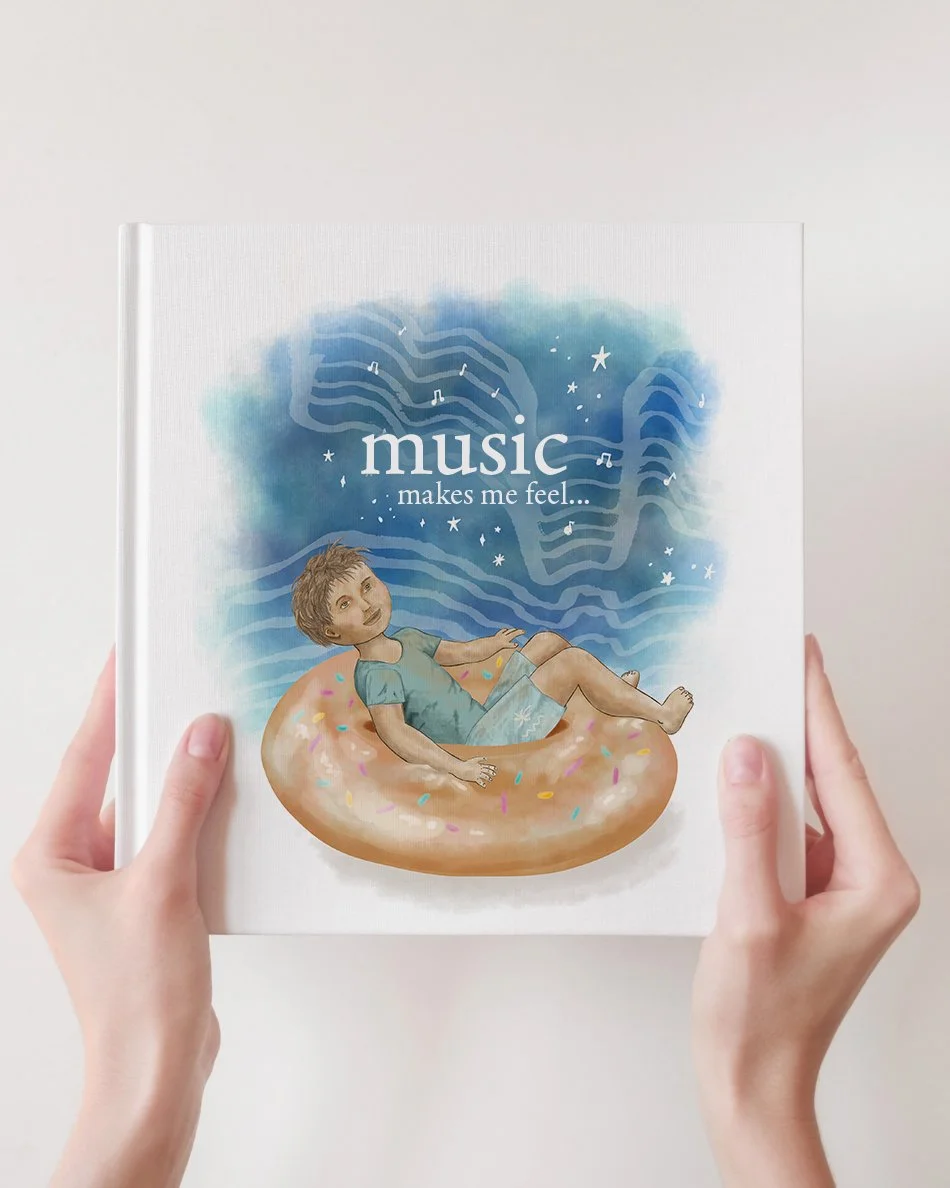 allured design.- book illustration for music makes me feel... featuring a boy relaxing in a donut tube, looking up at the magical night sky imaging he can see the musical notes flowing and calming his mind and body