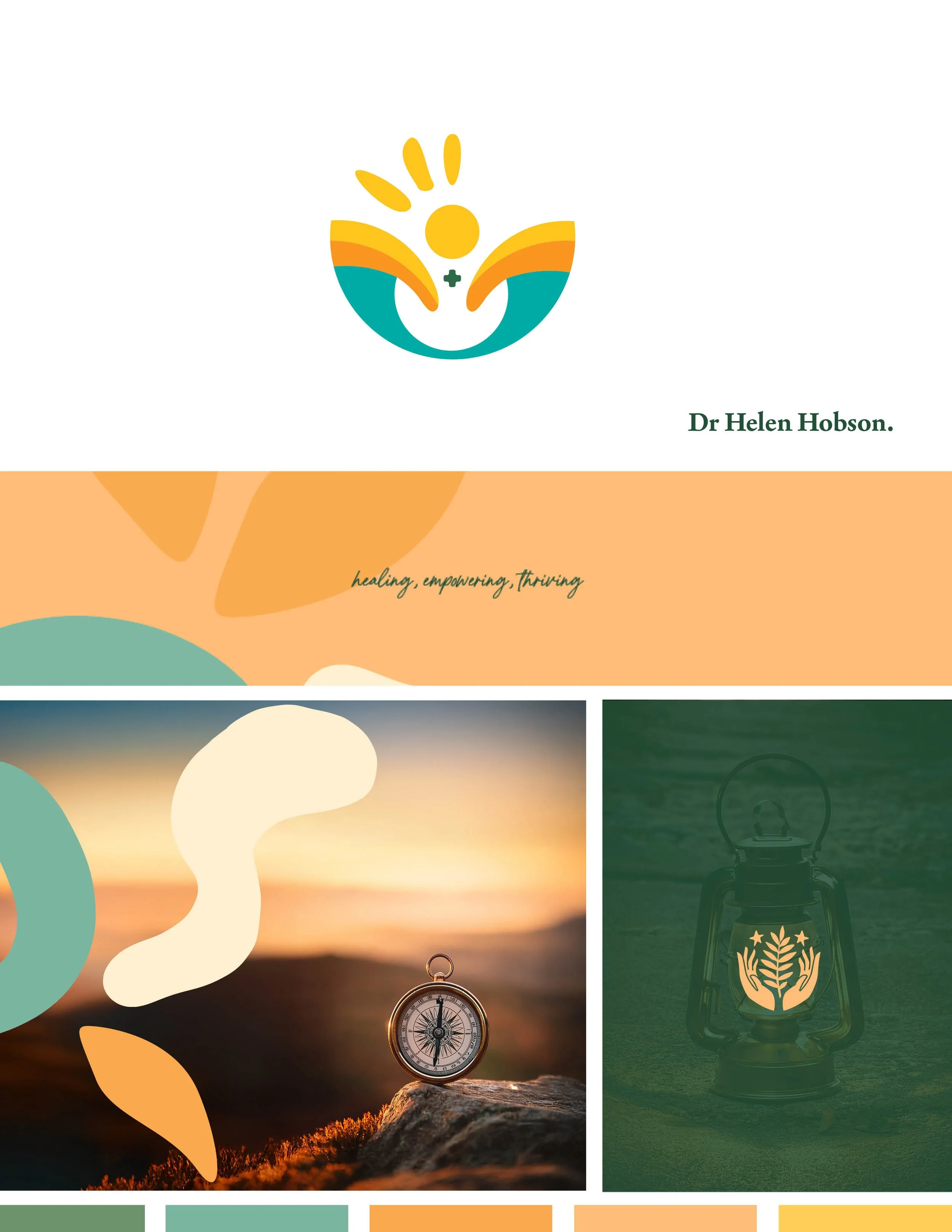 Logo for Dr. Helen Hobson, doctor and coach, featuring a stylized person with rays above their head and leaves around their body, in yellow, orange, and teal colors.